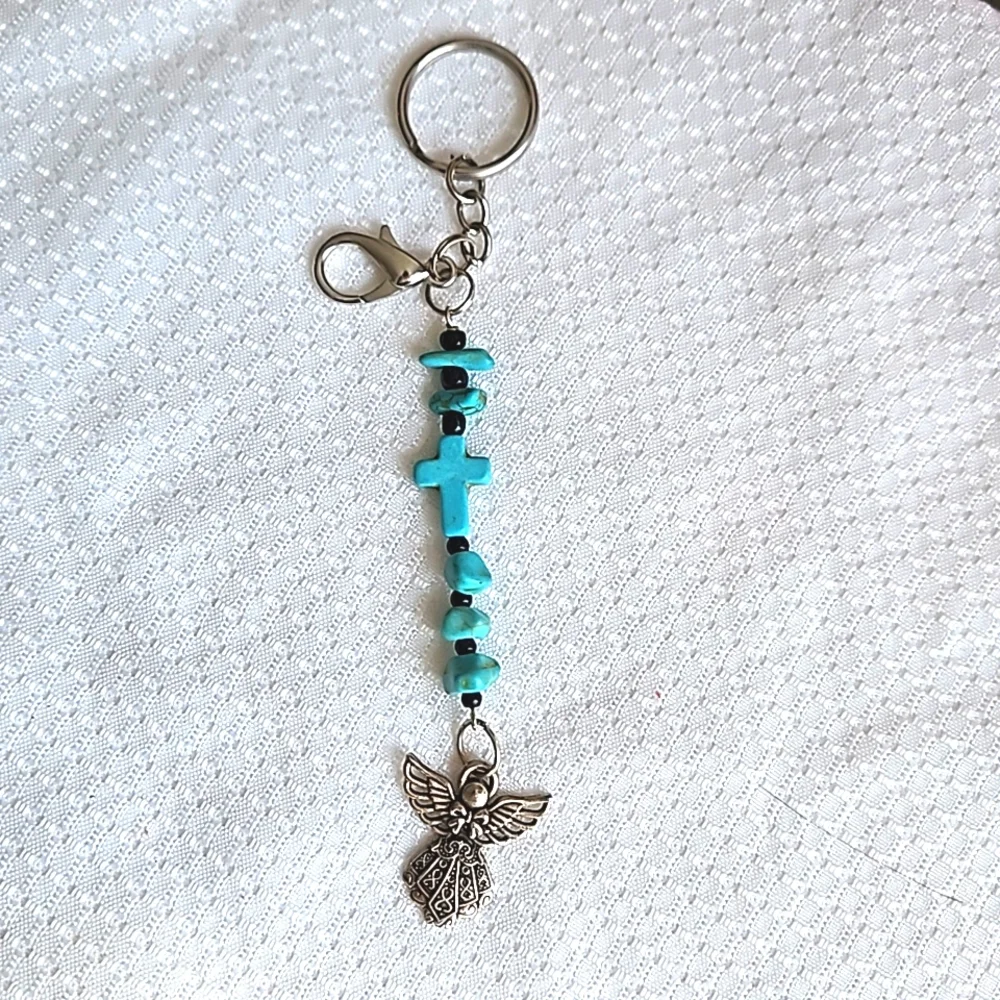 Guardian Silver Angel Charm Turquoise Cross Stone Black Beaded Keychain, Keyring